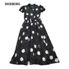 【インゲボルグ】FREE ロングワンピース　ドット　花　リボン　ブラック インゲボルグ】FREE ロングワンピース ドット 花 リボン ブラック