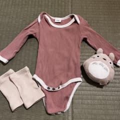 Pink romper, size 3-6M, with Totoro leg warmers.