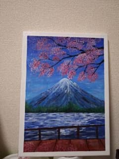 A4 富士山と桜 ハンドメイド キャンバスアート 絵画 インテリアのサムネイル