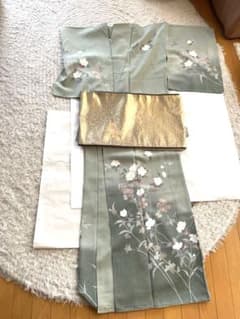 うぐいす色訪問着 金色 帯 セット - メルカリ