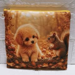 フラットポーチ ハンドメイド 犬柄 秋色わんこ トイプードル 両面