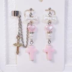 [649] Landmine style mass-produced white ribbon and pink cross earrings/ear cuffs