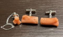 珊瑚　タイピン　カフス　3点セットのサムネイル