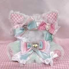 ミント×ピンクチェック】10cm おすわりぬい服 猫耳 にじぱぺっと