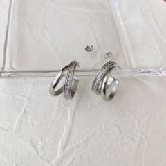 ラインストーンダブルフープピアス　stainless シルバーのサムネイル