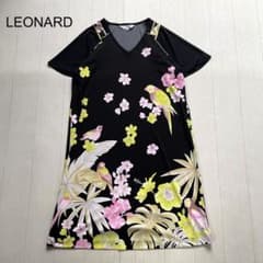 LEONARD 花柄 鳥柄 Vネック半袖ワンピース ブラック 40 - メルカリ