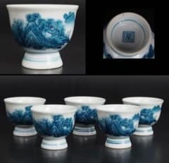 送料無料　『角萬』銘　手描き青華煎茶器11点セット　茶道具 送料無料 『角萬』銘 青華煎茶碗5客 煎茶道具 - メルカリ