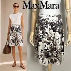 美品 MaxMara 最高級白タグ シルク フラワープリント フレアスカート