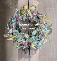 紫陽花とエリンジウムの爽やかオーバルリース　千日紅　ユーカリ 母の日❣️お花畑のナチュラルリース 秋色紫陽花 ゲウムテンポ ミモザ
