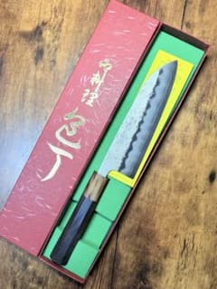 義弘作　三徳　包丁　銀三鋼　梨地　山脇刃物製作所　紫檀水牛八角柄 包丁 三徳包丁 165mm 義弘作 銀三鋼 銀紙三号 梨地仕上げ 樫漆