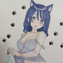 ハンドメイド イラスト はにかむ少女3 オリジナルイラスト 1点もの 猫