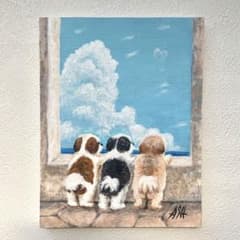 アクリル画　青空と海とモフモフ隊　キャンバスアート　F0サイズ　原画　犬のサムネイル