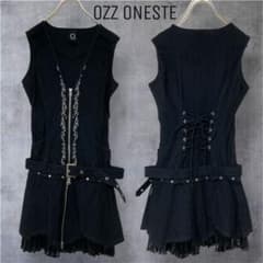 OZZONESTEベルトミニワンピースダブルジップ背面編み上げ刺繍y2kブラック OZZONESTEベルトミニワンピースダブルジップ背面編み上げ刺繍y2k