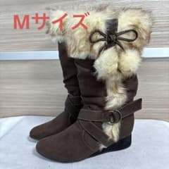 미품 브라운 퍼 첨부 롱 부츠 M