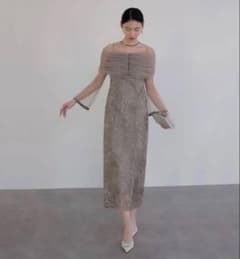 チュールオフショルダー花柄Iラインワンピースドレス結婚式二次会