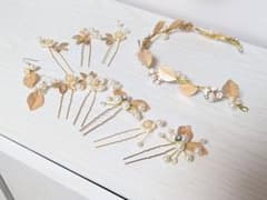 ウエディング　結婚式　ピアス　セット　ヘッドドレス　前撮り　ゴールド　ヘアアクセのサムネイル