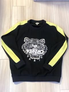 希少 KENZO 刺繍 スウェットシャツ M 黒/イエロータイガー ライン 蛍光 