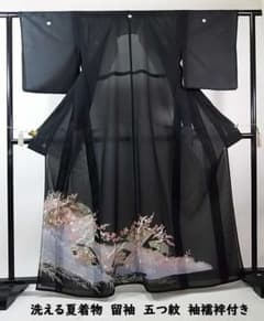 逸品 夏黒留袖 駒絽 洗える着物 花扇面文様 金彩 比翼・袖襦袢付 ③