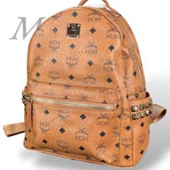 MCM リュック スタッズ付 バックパック レザー キャメル ヴィセトス柄
