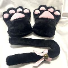 ハロウィン コスプレ 黒猫 ファー手袋 シッポ セット