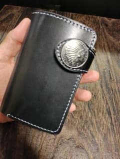 インディアンコンチョ❗️黒本革MiddleLeatherWalletフラップ全縫 インディアンコンチョ❗️黒本革MiddleLeatherWalletフラップ全縫