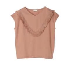 フリンジ付きVネックTシャツ　ライトブラウンのサムネイル