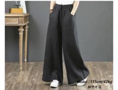 レディース　ウエストゴムワイドパンツ　ブラック　リネン綿のサムネイル