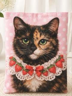 き*り様 人気 猫バッグ サビ猫 苺フリル 水玉 丈夫な新品トートバッグ