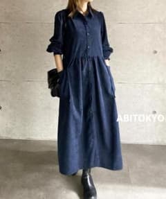 ABITOKYO コーデュロイパフスリーブシャツワンピース　ネイビー　レディース