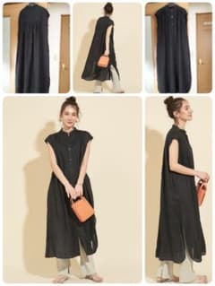 ビューティ＆ユース フレンチリネンギャザーシャツマキシワンピース  黒のサムネイル