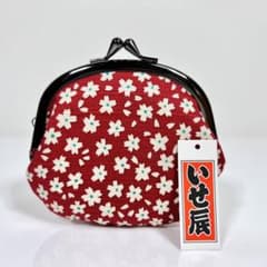 いせ辰 がま口 新品 未使用 小桜赤色 綿100% 和柄のサムネイル