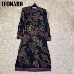 レオナール ペイズリー 花柄 トリム ウール シルク 膝丈ワンピース L