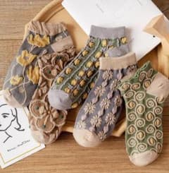 【新品5足組】レトロ 花柄 靴下 レディース くすみカラー ゴブラン ナチュラルのサムネイル