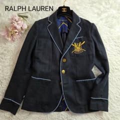 美品 ラルフローレン リネン混 金ボタン 紺ブレ ロゴ刺繍 サイズS 濃紺