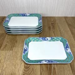✨希少5客✨有田焼 金彩 色絵 青海波 波貝紋 平皿 角皿 刺身 和食 盛皿