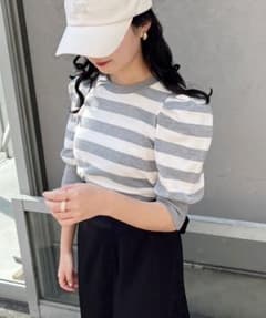 [最安値]NICE CLAUP ボリュームスリーブボーダートップス グレーのサムネイル