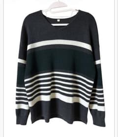 TOPVALU 長袖ニット ボーダー柄 グレー系 LL