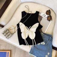 立体蝶々刺繍 リブクロップドタンクトップ 黒 Y2K 甘辣トップスのサムネイル