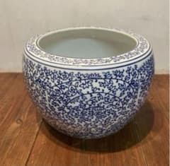 美品　花唐草紋　青白磁　陶器　火鉢　手あぶり　陶芸　草花　ヴィンテージ　当時物 美品 花唐草紋 青白磁 陶器 火鉢 手あぶり 陶芸 草花 ヴィンテージ