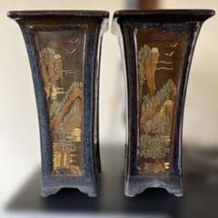 【A】希少 中国宜興 盆栽鉢 蘭鉢 懸崖鉢 一対（2客）山水孔雀 泥絵 42cm A】希少 中国宜興 盆栽鉢 蘭鉢 懸崖鉢 一対（2客）山水孔雀 泥絵 42cm