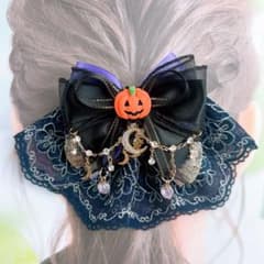 ハロウィンバレッタ　かぼちゃ　紫　ブラック　レースバレッタ　ハロウィンリボンのサムネイル
