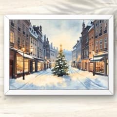A4 雪に包まれたヨーロッパの街とクリスマスツリーの水彩風景画アート