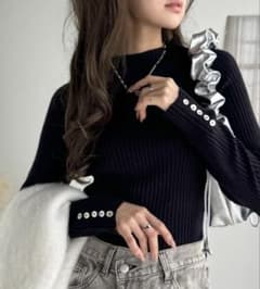 ネイビー リブ編み 長袖セーターのサムネイル