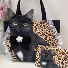 コヤンイサムチョン トートバッグ 黒猫 レース編みリボン ポーチ付き