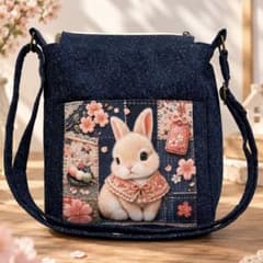 ハンドメイド ショルダーバッグ うさぎ柄 デニム風 底板付きのサムネイル