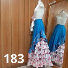 フラメンコ衣装　☆青地マーガレット/白地ピンク水玉フリル　LLサイズ フラメンコ衣装 ☆青地マーガレット/白地ピンク水玉フリル LLサイズ