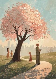 2463 벚꽃 나무 아래 독서 봄 풍경화 아트 포스터 레트로 그림