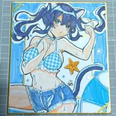 手描きイラスト 猫耳少女 水着 ミニ色紙のサムネイル