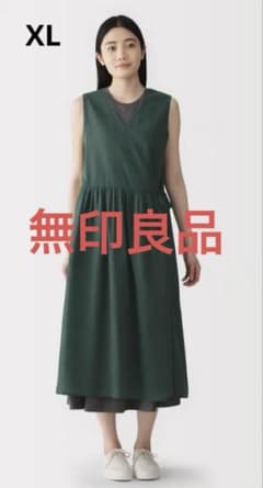 無印良品　カシュクールノースリーブ ロングワンピース グリーン　XLのサムネイル