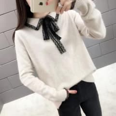 可愛い♡暖かい♪レースタイ付きニット♪白 襟付き かわいい フェミニン セーターのサムネイル